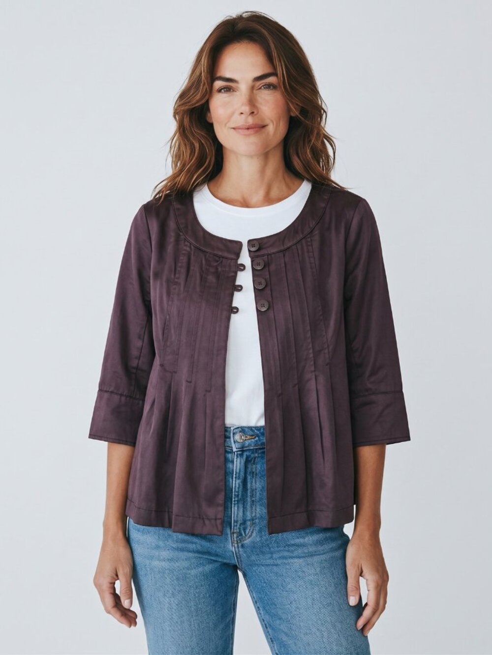 Dark Brown Pleated Swing Jacket Bell Sleeve Covered Buttons